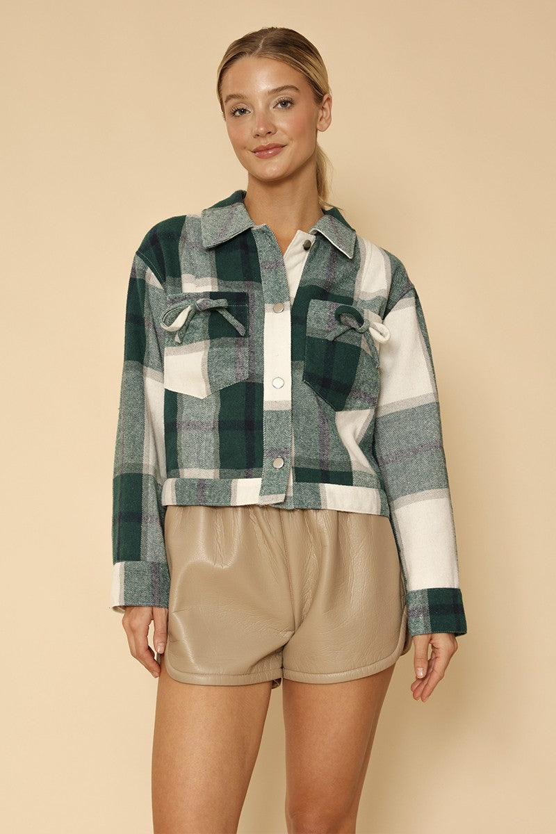 Cropped flannel jacket with bow detailing