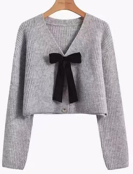 Bow Tie V-Neck Cropped Cardigan