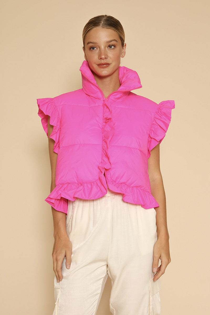 Cropped ruffle puffer vest