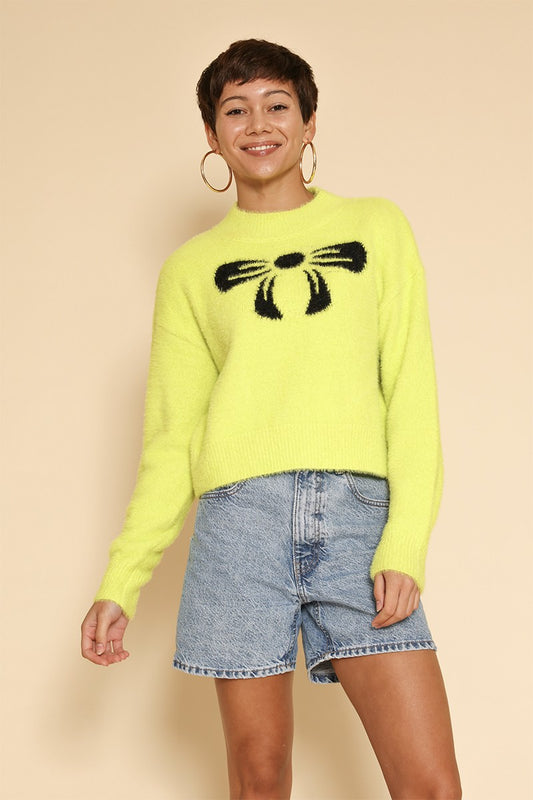 Cropped fuzzy bow sweater