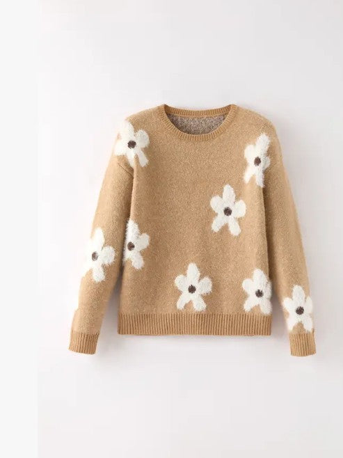 Fuzzy flower knit sweater