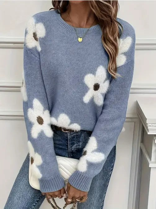 Fuzzy flower knit sweater