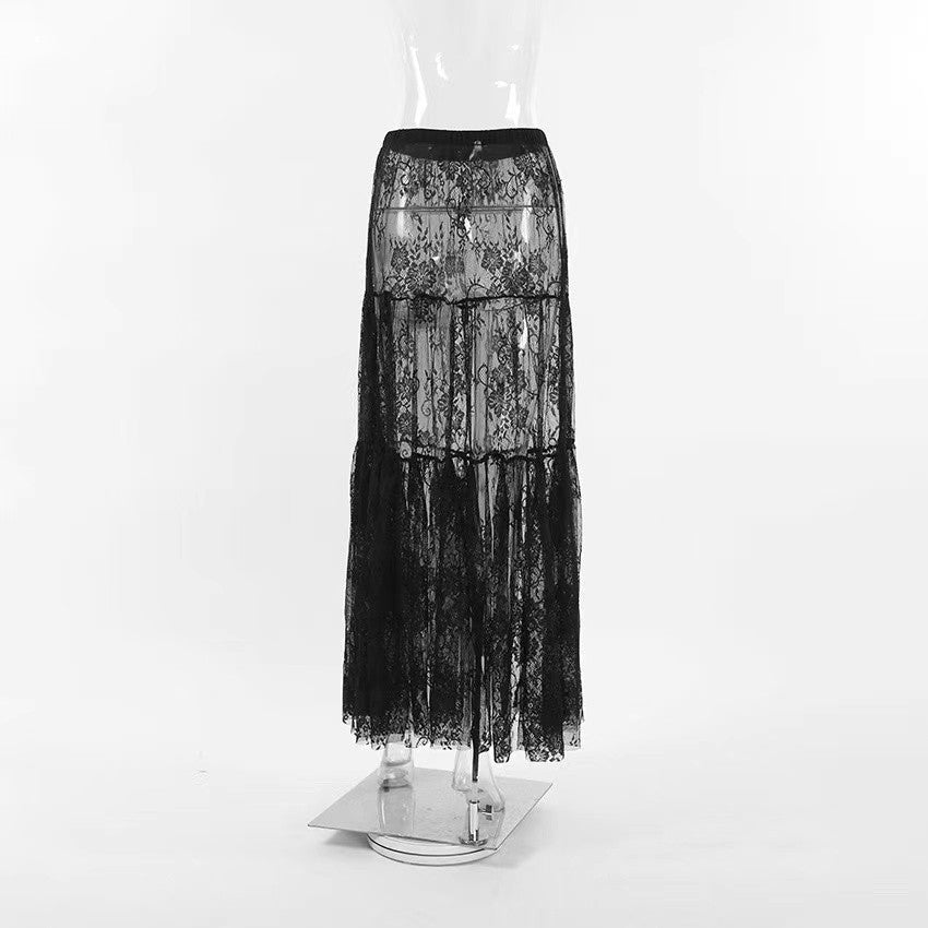 Floral lace ruffled maxi skirt