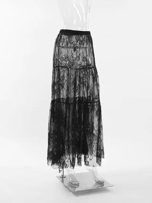 Floral lace ruffled maxi skirt