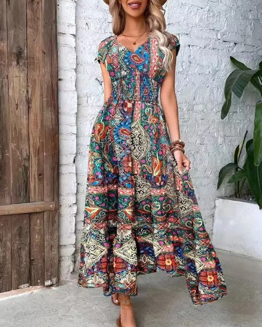 Smocked short sleeve midi dress