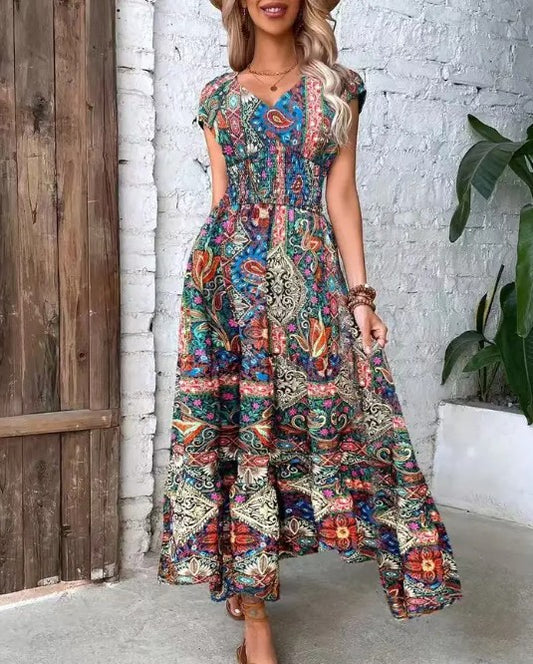 Smocked short sleeve midi dress