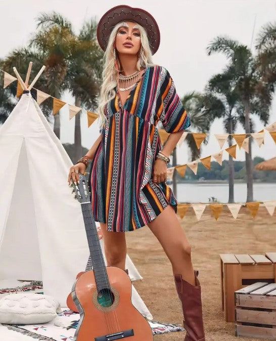 Striped v-neck mini dress