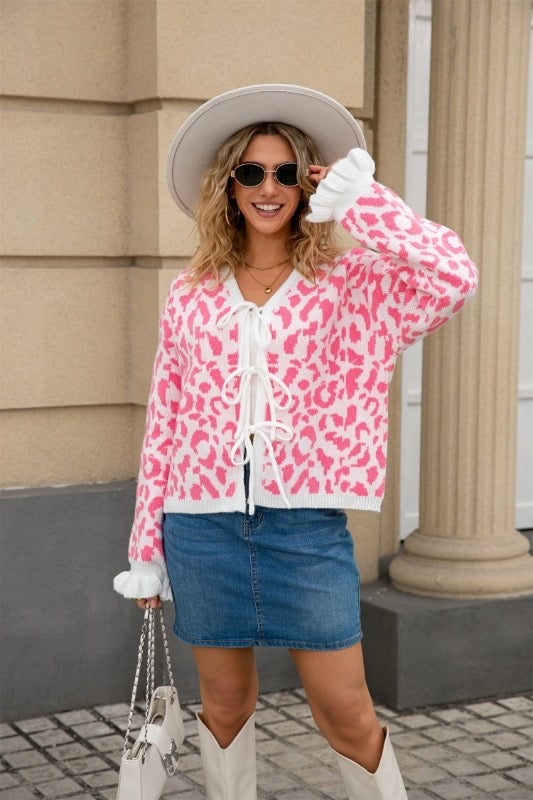 Pink Leopard Knit Cardigan with Front Tie